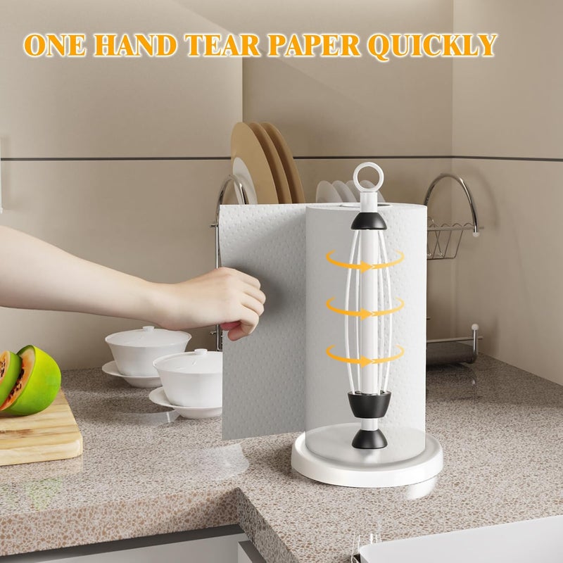 HZE White Paper Towel Holder Countertop, White Kitchen Accessories Decor, One-Handed Tear, Stainless Steel, Weighted Base, Paper Towel Holder Stand with Ratchet System for Kitchen Farmhouse Essentials - Image 2